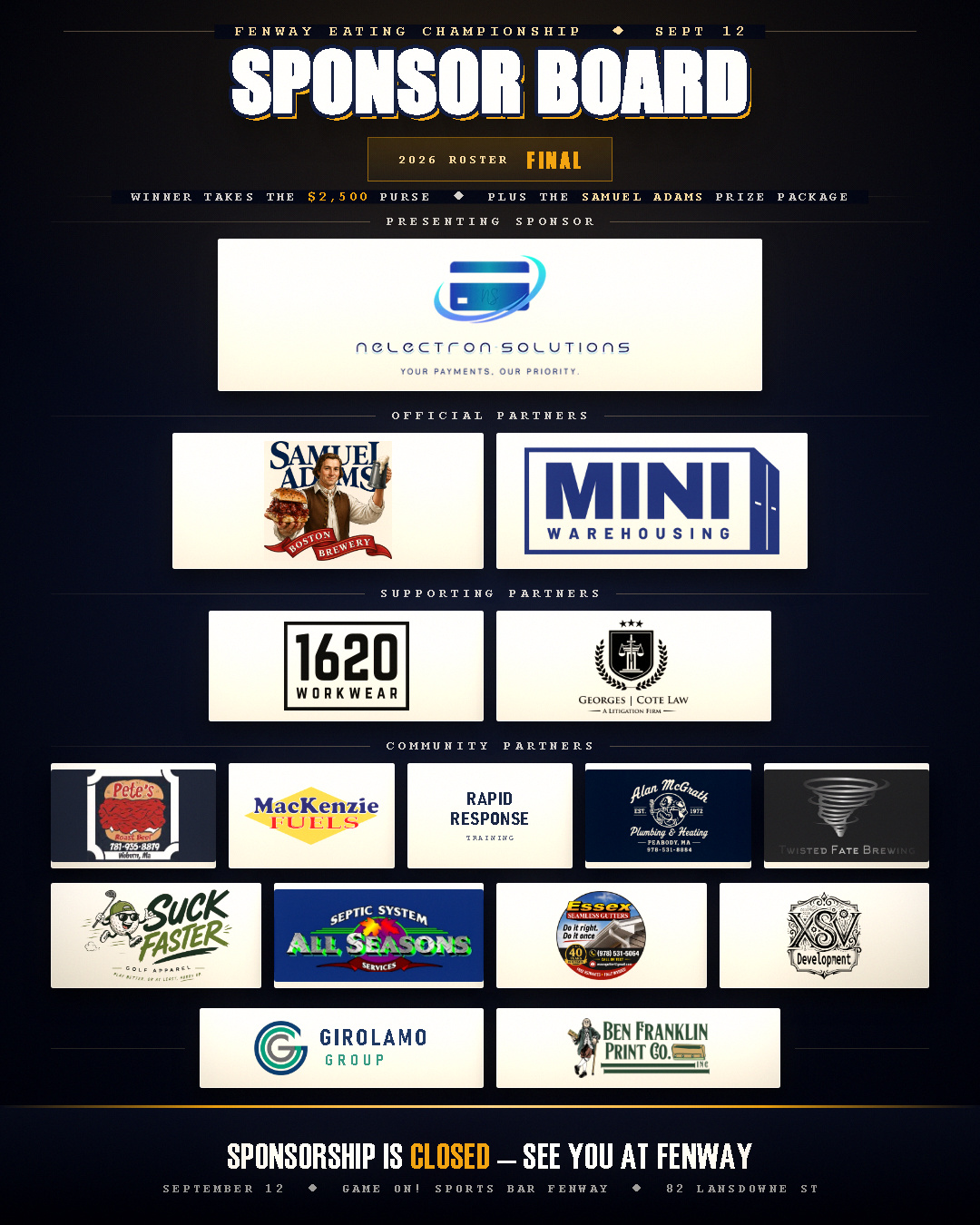The 2026 sponsor board: Nelectron Solutions presenting, Samuel Adams and Mini Warehousing, 1620 Workwear and Georges Cote Law, and nine community partners