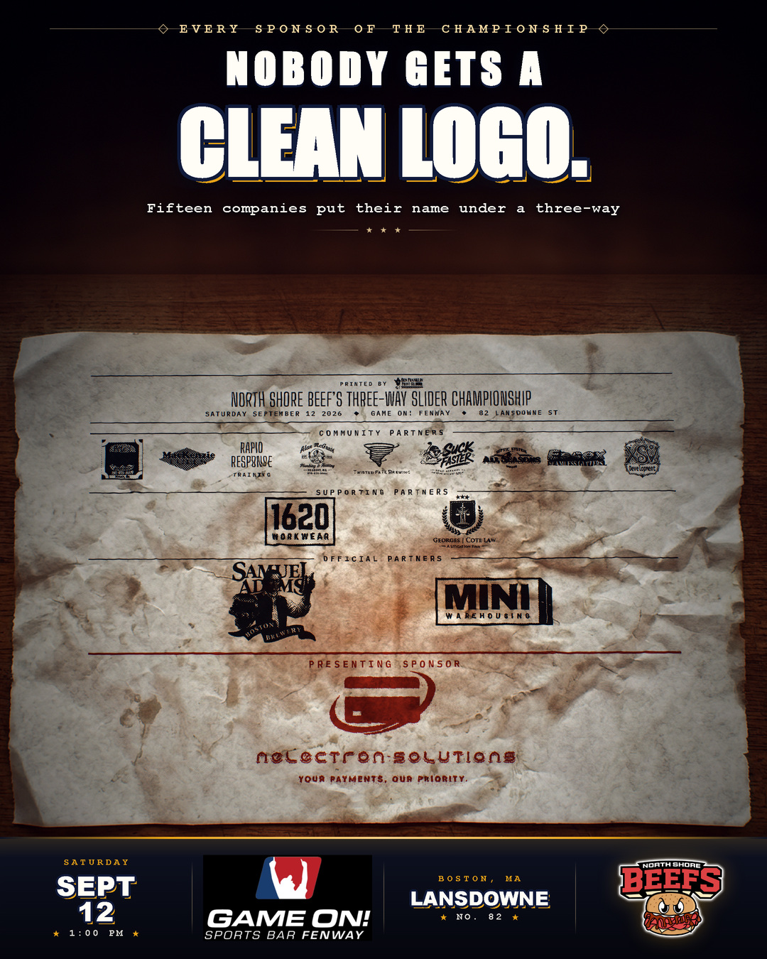 A beef wrapper printed with every sponsor's logo, photographed on a butcher block