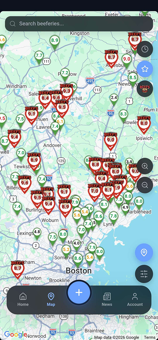 NSB app map showing reviewed beef spots on the North Shore