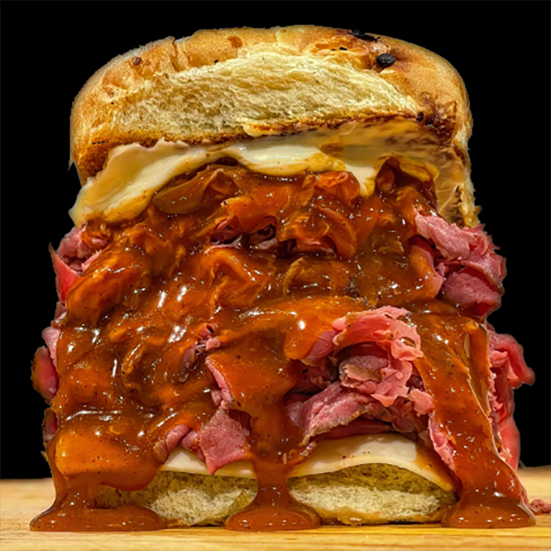 A three-way North Shore beef on an onion roll
